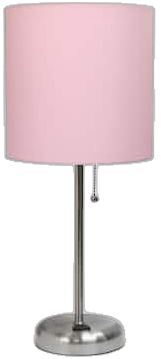 a pink lampshade on a metal base with a white lamp shade over it