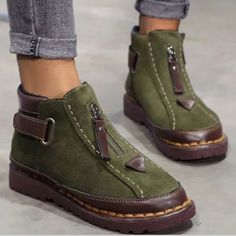 Brand New, Off Brand, Slip On, Nubuck Leather, Rubber Sole, Top Zipper, Comfortable. Green Ankle Boots, Casual Flat Shoes, Leather Boots Women, Leather Shoes Woman, Shoes Woman, Nubuck Leather, Military Green, Biker Boot, Leather Shoes