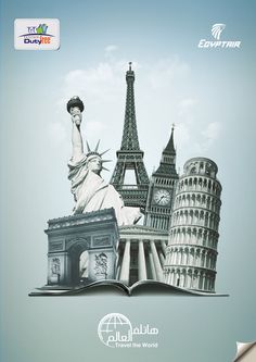 an open book with the statue of liberty in front of the eiffel tower