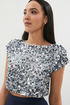 Style: Crop TopDesign: PlainFabric: Fancy FabricLength: CroppedNeckline: ScoopSleeve Length: Cap Sleeve Latest Tops, Sequin Top, Cap Sleeves, One Shoulder Blouse, Sequin Skirt, Womens Clothing Tops, Top Styles, Perfect Fit, Clothes For Women