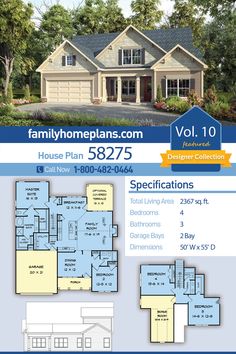 the floor plan for this house is shown in blue and white, with two garages on