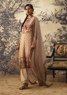 Kalista-Beige Straight Kurta Set-INDIASPOPUP.COM Yellow Gharara, Crepe Pants, Printed Dupatta, Checker Print, Straight Kurta, Floral Geometric, Pants Cotton, Kurta With Pants, Modern Embroidery