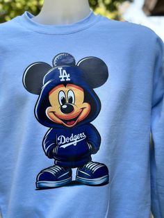 Mickey Dodgers inspired sweater design. DTF enhanced and vibrant colors. Sweater Design, Sweatshirt Designs, Gender Neutral, Light Blue, Vibrant Colors, Adult Outfits, Baseball, Outfit Accessories, Sweatshirts