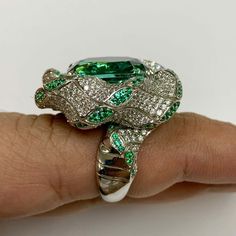 For Sale on 1stDibs - Lagoon Tourmaline Diamonds Emeralds 18 Karat White Gold DNA Ring This Ring was created based on DNA Earrings. Here you can also recognize the spinning Luxury Formal Gemstone Snake Ring, Luxury Gemstone Snake Ring For Formal Occasions, Luxury Tsavorite Ring Jewelry, Luxury Emerald Jewelry With Accent Stones, Luxury Hallmarked Tsavorite Jewelry, Gemstone Snake Ring Fine Jewelry, Dna Ring, Dna Earrings, Buying Gold