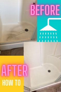 before and after photos of a bathtub remodel with the shower head removed