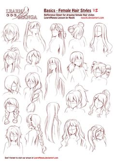 Learn Manga Basics Female Hair styles V2 by Naschi on DeviantArt Chibi Hair Side View, Goddess Hairstyles Drawing, Super Hero Hairstyles, Accessories Drawings, Hairstyle References, Basic Sketch, Girl Hair Drawing, Hair References, Drawing Study