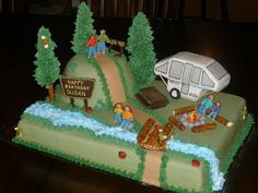 a birthday cake is decorated with an rv and camper