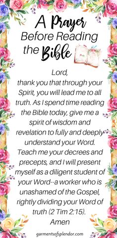 a prayer for the bible with flowers around it