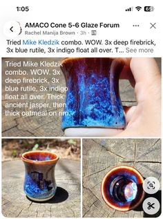 a hand holding a blue and orange glass vase on top of a wooden table next to another