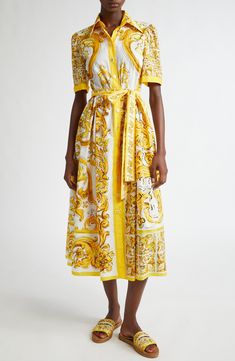 From the label's fall '24 collection, this belted cotton-poplin shirtdress brightens the day in a golden-toned print inspired by hand-painted majolica tiles. Front button closure Point collar Short sleeves Side-seam pockets Removable tie belt Unlined 100% cotton Dry clean Made in Italy Designer Clothing Luxury Belted Midi Dress, Designer Spring Shirt Dress For Daywear, Designer Shirt Dress For Spring Daywear, Luxury Midi Dress For Workwear In Summer, Luxury Spring Shirt Dress For Daywear, Luxury Shirt Dress For Spring Daywear, Luxury Shirt Dress For Daywear In Spring, Luxury Midi Dress For Daywear, Majolica Tiles