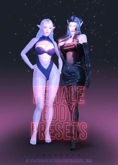 two women in bodysuits standing next to each other with the words female body dresses