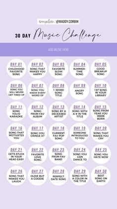 the 30 day music challenge is shown in purple and white with black lettering on it