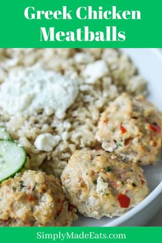 Greek chicken meatballs in rice bowl. Baked Mediterranean Chicken, Chicken Kofta Recipe, Feta Rice, Greek Chicken Meatballs, Kofta Meatballs, Mediterranean Meatballs, Chicken Kofta, Yogurt Dill Sauce, Kofta Recipe