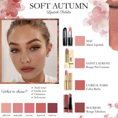 Soft Autumn Interior Design, Lipstick Soft Autumn, Blush For Soft Autumn, Soft Autumn Makeup Lipsticks, Light Autumn Color Palette, Soft Autumn Eyeshadow, Makeup Soft Autumn, Soft Autumn Color Palette Makeup, Soft Autumn Drugstore Makeup