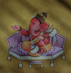 an elephant is sitting on top of a bed playing the guitar and singing to someone else