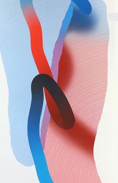 an abstract painting with blue, red and pink colors on it's side by itself