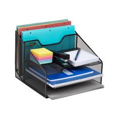 a desk organizer with several folders and binders on it's sides,