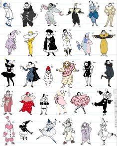 an image of various cartoon characters in different positions and sizes, all drawn by hand