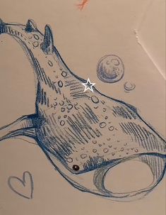 a drawing of a fish with bubbles and hearts