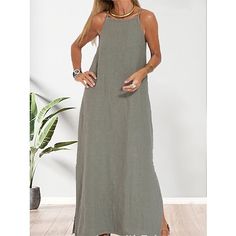 Season:Summer,Spring; Fabric:Cotton; Sleeve Length:Sleeveless; Gender:Women's; Nightwear Style:Loungewear,Nightshirt,Dress; Style:Casual,Comfort,Fashion; Elasticity:Micro-elastic; Occasion:Date,Airport,Street; Age Group:Adults; Function:Breathable; Pattern:Pure Color; Neckline:Straps; Special Size:Plus Size; Bottom Type:Dress; Listing Date:06/27/2023; Length:; Bust: Maxi Dress Cotton Casual, Sleeveless Long Dress, Cardigan Sweater Dress, Sleeveless Dress Summer, Weave Style, Suspender Dress, Hot Outfits, Everyday Dresses, Night Shirt