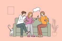 three people sitting on a couch talking to each other with a cat in the background