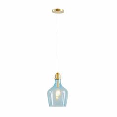 a glass light hanging from the ceiling with a gold metal frame and clear glass shade