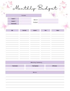 a printable budget sheet with pink flowers on the side and butterflies in the background