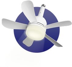 a white ceiling fan with a light on it's side and two blades in the middle