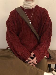 Red Sweater Outfit, Mens Fall Outfits, 가을 패션, Dream Clothes, Knitted Sweater, Red Sweaters