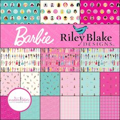 the riley bake designs collection is shown in pink, blue and green colors with people on