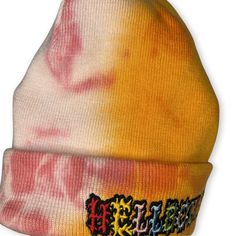 HELLBOUND Tie-Dye embroidered beanie Hand Dyed100% Turbo Acrylic12" in lengthHypoallergenic Unisex style Trendy Pink Cotton Beanie, Trendy Streetwear Beanie For Spring, Multicolor Cotton Hat For Streetwear, Trendy Spring Streetwear Beanie, Trendy Beanie For Spring Streetwear, Trendy Spring Beanie For Streetwear, Casual Cotton Beanie With Embroidered Logo, Casual Adjustable Beanie With Embroidered Logo, Unisex Casual Cotton Beanie