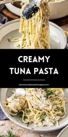 creamy tuna pasta with parmesan cheese and fresh herbs is an easy dinner recipe that's ready in under 30 minutes