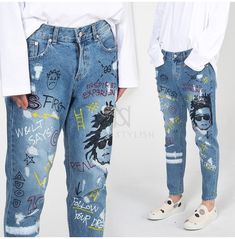 Funky scribble printed denim jeans Cheap Graphic Print Jeans For Summer, Graffiti Print Boufriend Jeans, Cheap Denim Blue Jeans With Graphic Print, Cheap Blue Jeans With Graphic Print, Cheap Men's Graphic Print Jeans, Baggy Denim Bottoms With Graphic Print, Summer Baggy Jeans With Graphic Print, Graphic Print Jeans For Spring Streetwear, Spring Graphic Print Denim Pants