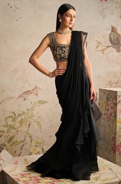 Ridhi Mehra | Muse Black Chiffon Draped Sari And Blouse | INDIASPOPUP.COM Ridhi Mehra Saree, Black Net Blouse, Sabyasachi Dresses, Black Sari, Traditional Dressing, Farewell Sarees, Ridhi Mehra, Net Blouse, Elegant Wear