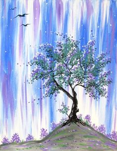 an acrylic painting of a tree on top of a hill with birds flying around