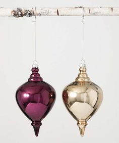 two shiny ornaments hanging from a twig