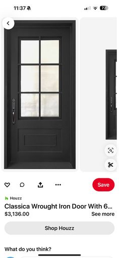 a black door with the words classic wrought iron door with glass on it and what do you think?