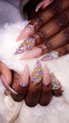 Nude Nails Rhinestones, Nude Pink Acrylic Nails, Bedazzled Nails, Nails Rhinestones, Different Types Of Nails, Almond Acrylic, Makeup 101, Baddie Nails, Nails Design With Rhinestones