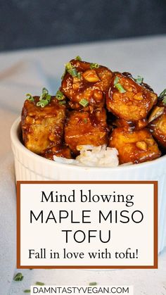 sticky maple miso tofu in a white bowl