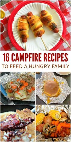 the cover of 16 campfire recipes to feed a hungry family, with pictures of different foods