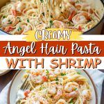 an angel hair pasta dish with shrimp and parmesan cheese