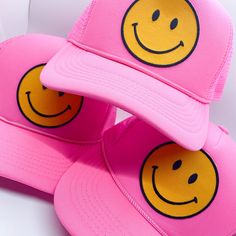 Keep it trendy with this new smiley face patch trucker hat! A best-seller, these hats are adjustable and can fit just about any head. They're super comfortable too. The smiley face patch is sure to keep you smiling all day long! Adjustable Baseball Cap With Smiley Face, Trendy Smiley Face Cap, Trendy Smiley Face Hat With Curved Brim, Trendy Smiley Face Baseball Cap With Curved Brim, Trendy Curved Brim Hat With Smiley Face, Adjustable Smiley Face Cap, Adjustable Smiley Face Baseball Cap For Summer, Trendy Smiley Face Baseball Cap, Funny Adjustable Trucker Hat For Streetwear