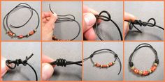 the instructions for making bracelets with beads and leather cord are shown in several different ways