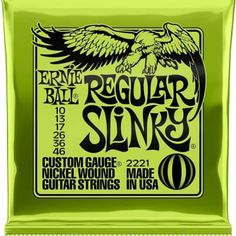 an electric guitar strings that are green and black with the words regular slinky on it