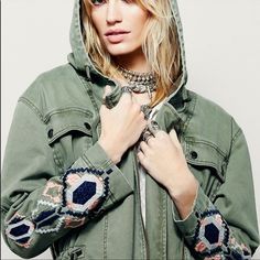 Never Worn Embroidered Green Parka From Free People Hooded Embroidered Fall Outerwear, Bohemian Relaxed Fit Winter Outerwear, Bohemian Winter Outerwear In Relaxed Fit, Spring Hooded Outerwear With Floral Embroidery, Hooded Floral Embroidered Outerwear For Spring, Embroidered Hooded Outerwear For Spring, Bohemian Hooded Spring Outerwear, Bohemian Hooded Outerwear For Spring, Embroidered Relaxed Fit Outerwear For Fall