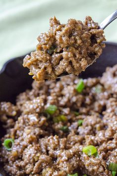 a spoon full of ground beef and green onions