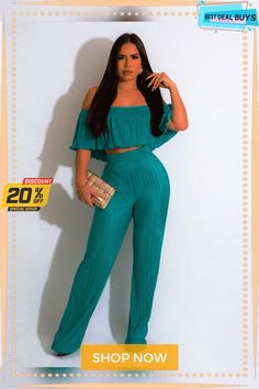 Two Piece Off Shoulder Crop Tops & Pants Casual Party Sets With High-waisted Pants, Green Wide Leg Two-piece Pants, Casual Party Sets With Trousers, Off Shoulder Crop Top, Shoulder Crop Top, Two Piece Outfit, Polyester Spandex, Wide Leg Pants, Off Shoulder