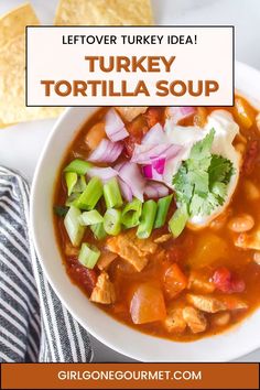 This Turkey Tortilla Soup is an easy and delicious way to use up leftover Thanksgiving turkey. Made with simple pantry ingredients, it’s ready in under an hour! Pop over to my site for this comforting soup recipe! Using Leftover Turkey, Turkey Tortilla Soup, Tortilla Soup Easy, Easy Soup Recipe, Indian Soup, Leftover Thanksgiving, Turkey Leftovers, Turkey Soup Recipe, Shredded Turkey