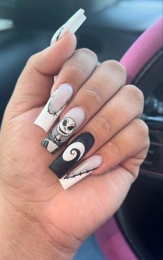 Jake Skellington Nails, Jack Nails Nightmare Before Christmas, Jack Skellington Nail Designs, Nmbc Nails, Jack The Skeleton Nails, Halloween Nails Jack Skellington, Jack Skellington Nails Acrylic, Uñas Jack Skellington, Nails Cartoon Design