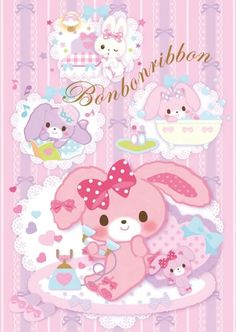 a pink and white poster with some cute animals on the front, one is holding a tea pot